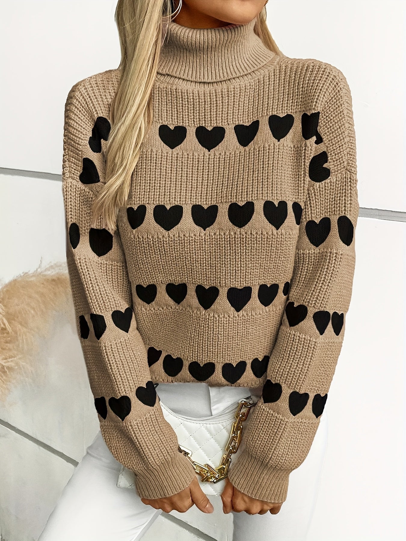Women'S Cozy Cardigan with Heart Pattern - Long Sleeve, High Neck, Brown, Casual Fall/Winter Pullover, Loose Fit, Geometric Design, Perfect for Casual Attire, Cozy Cardigan, Red Heart Sweatshirt