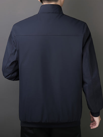 Men's Fleece-Lined Zip-Up Jacket - Casual Stand Collar, Outdoor Sports Coat with Pockets, Machine Washable