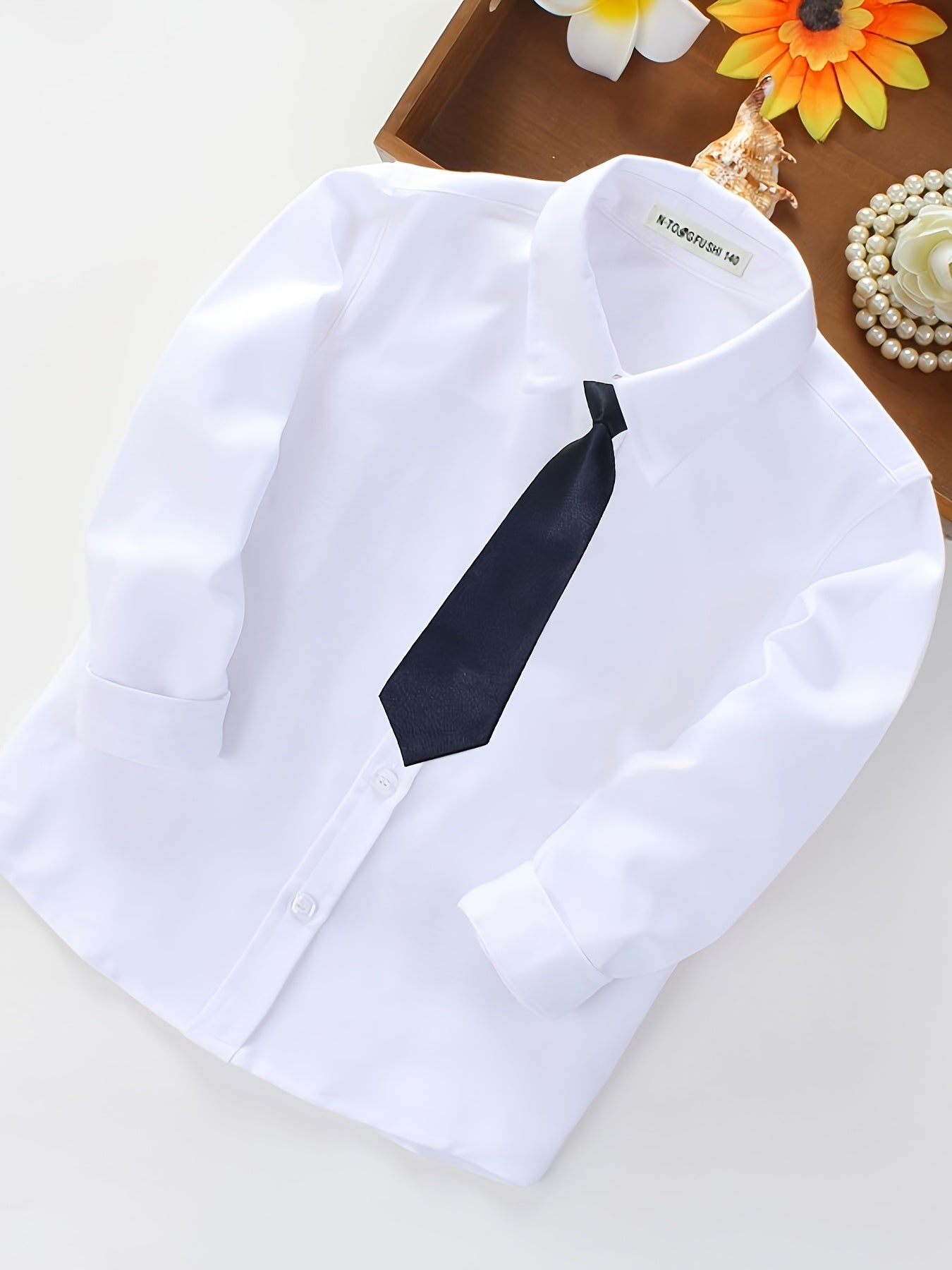 Boys' Long-Sleeve White Cotton Blend School Shirt - Preppy Style