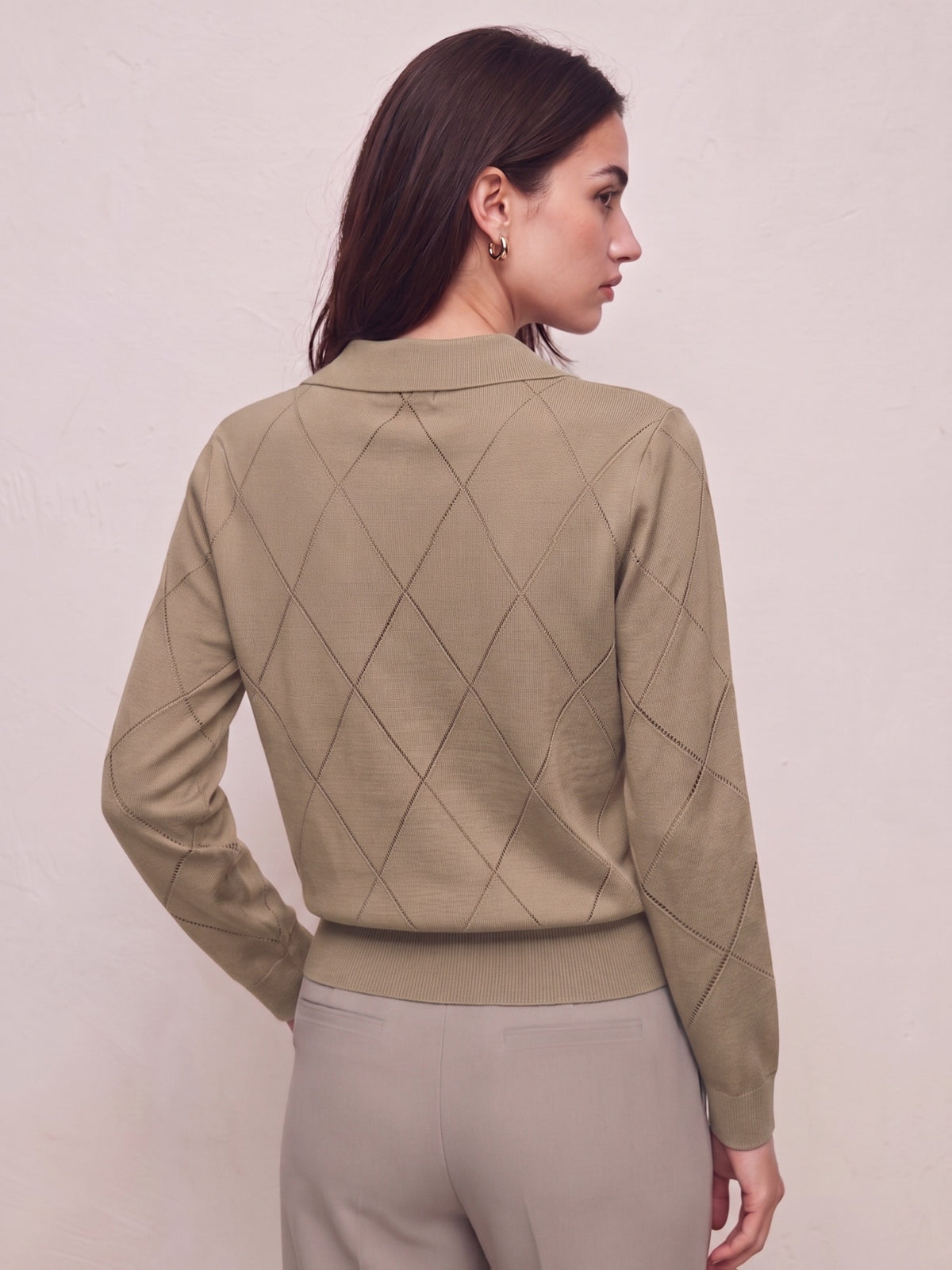Elegant Women's Polo Neck Argyle Sweater with Loose Fit