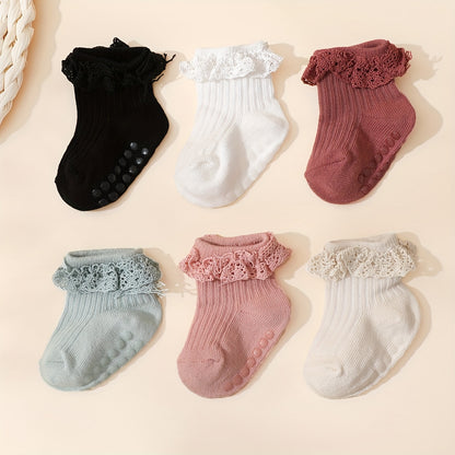 6 Pairs Baby Girl's Lace Short Crew Socks, Breathable Comfy Casual Socks Fashion Socks