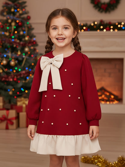 Girls' Elegant Burgundy Princess Dress with Bow & Ruffled Hem - Long Sleeve A-Line Party & Everyday Dress for Fall/Winter, Non-Stretchy Fabric, Perfect For Holiday Celebrations & Casual Outings, Princess Dress For Girls, Wint