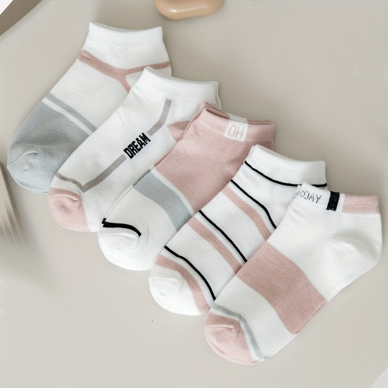 5 Pairs of Women's Summer Short Socks, Striped Breathable Color-Mixing Boat Socks, Pink Fresh Women's Socks