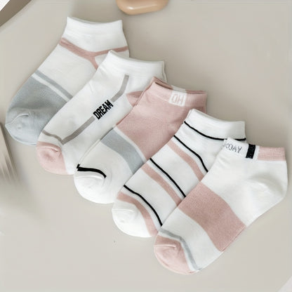 5 Pairs of Women's Summer Short Socks, Striped Breathable Color-Mixing Boat Socks, Pink Fresh Women's Socks