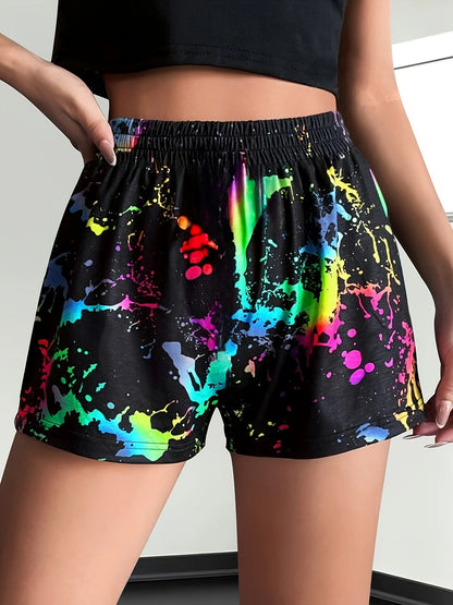 Patchwork Print Elastic Waist Shorts, Casual Skinny Shorts For Spring & Summer, Women's Clothing