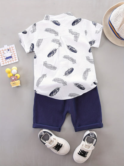 Baby Boys Cotton Feather Print Short Sleeve Shirt & Shorts Set