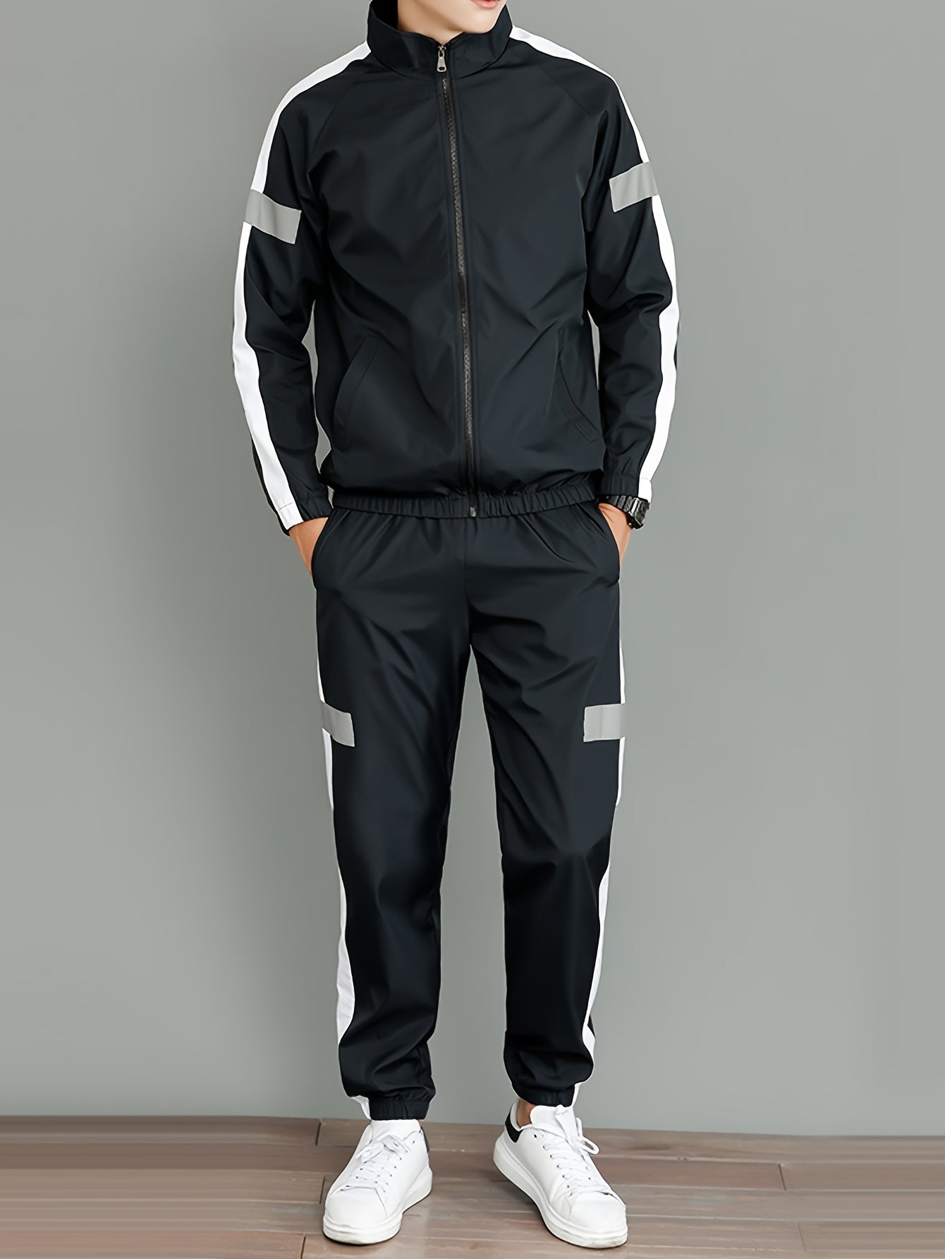 Men's Casual Polyester Jacket and Joggers Set for Spring & Fall