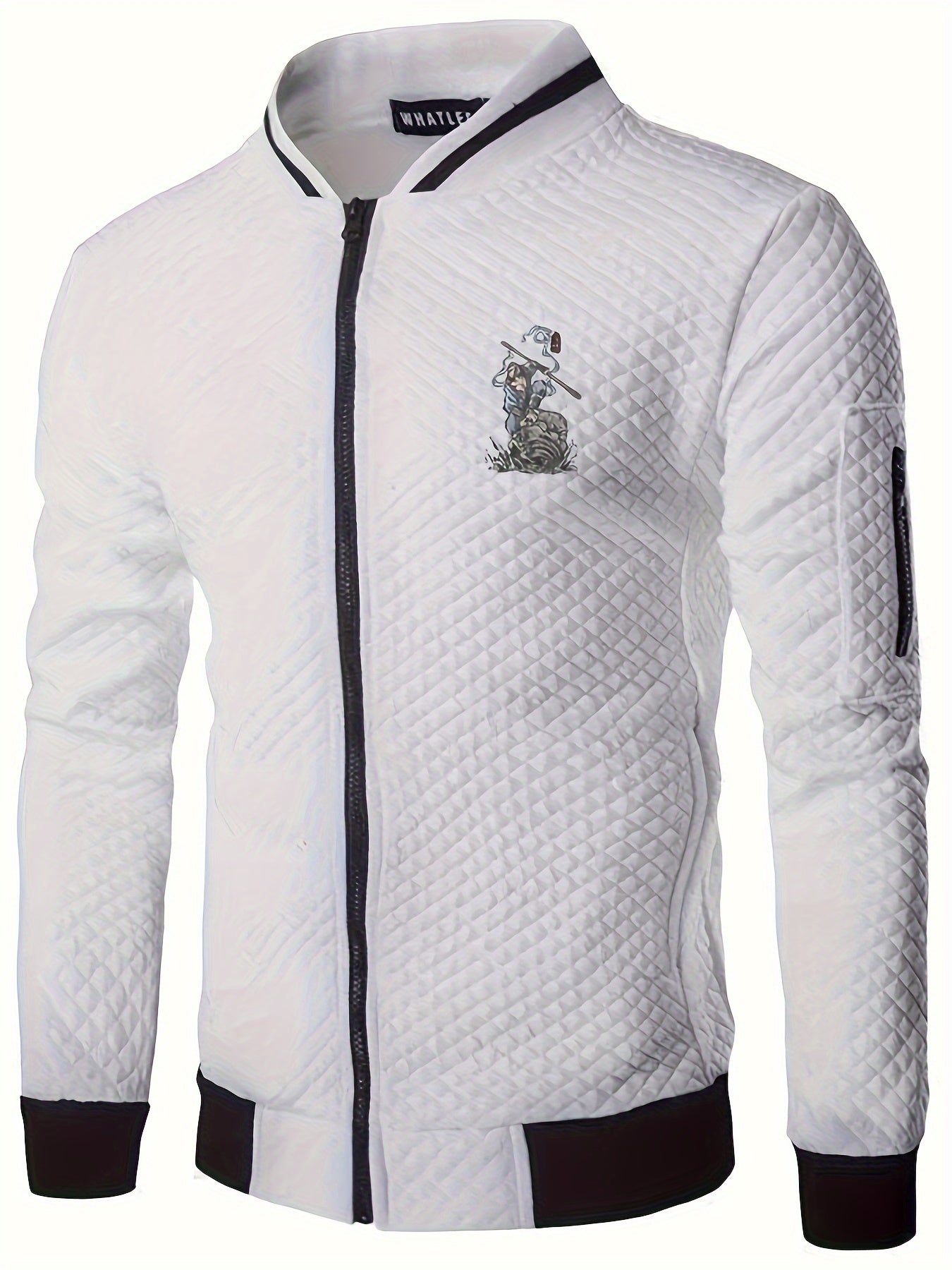 Men's Casual Stand Collar Jacket - 100% Polyester Knit Fabric with Slight Stretch, Solid Color Zippered Spring/Fall Outerwear with Cartoon Embroidery