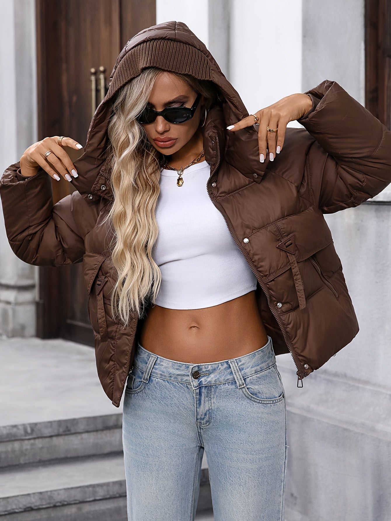 LY VAREY LIN կանացի ծանր, գլխարկով վերարկու՝ հաստ ձմեռային բաճկոն՝ կայծակաճարմանդով, ազատ չափսերով, շագանակագույն՝ չձգվող վերնազգեստ՝ ցուրտ եղանակի և առօրյա/պաշտոնական հագուստի համար