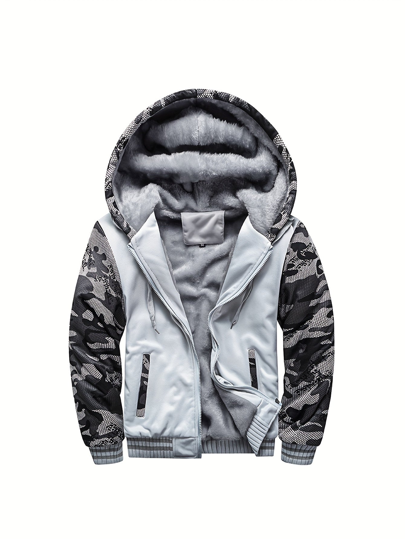 Color Block Sherpa Lined Men's Hooded Jacket, Casual Long Sleeve Hoodies With Zipper, Gym Sports Hooded Coat For Winter Fall