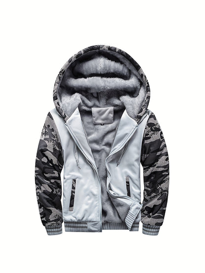 Color Block Sherpa Lined Men's Hooded Jacket, Casual Long Sleeve Hoodies With Zipper, Gym Sports Hooded Coat For Winter Fall