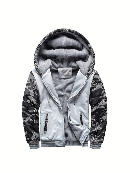 Color Block Sherpa Lined Men's Hooded Jacket, Casual Long Sleeve Hoodies With Zipper, Gym Sports Hooded Coat For Winter Fall
