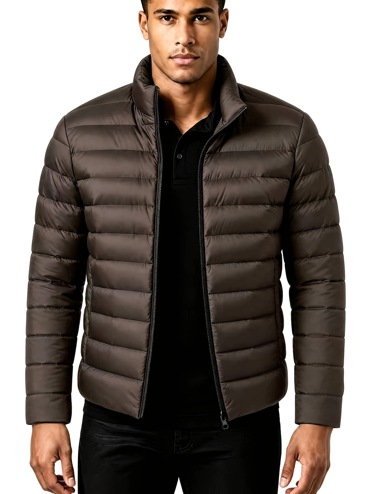 Men's Warm Winter Jacket with Stand Collar - Thick Polyester Coat