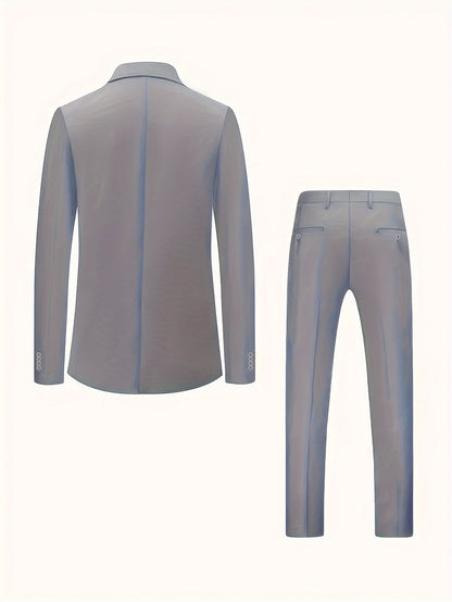 Men'S Solid Color Polyester Work Suit - Classic Lapel Collar, Non-Stretch Fabric, Long Suit Sleeves, Four-Season Versatility, Button-Front Jacket with Pants - Regular Fit Woven Suit Set (80% Polyester, 20% Viscose)