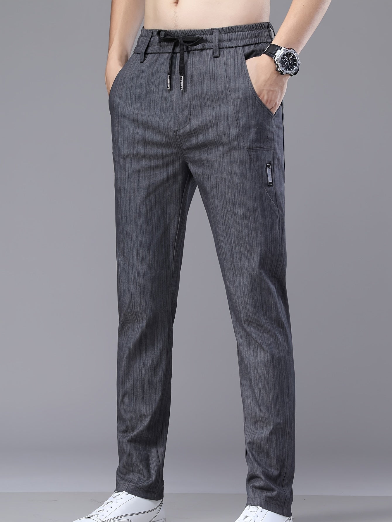 Men's Lightweight Cotton Stretch Business Pants, Slim Straight Fit