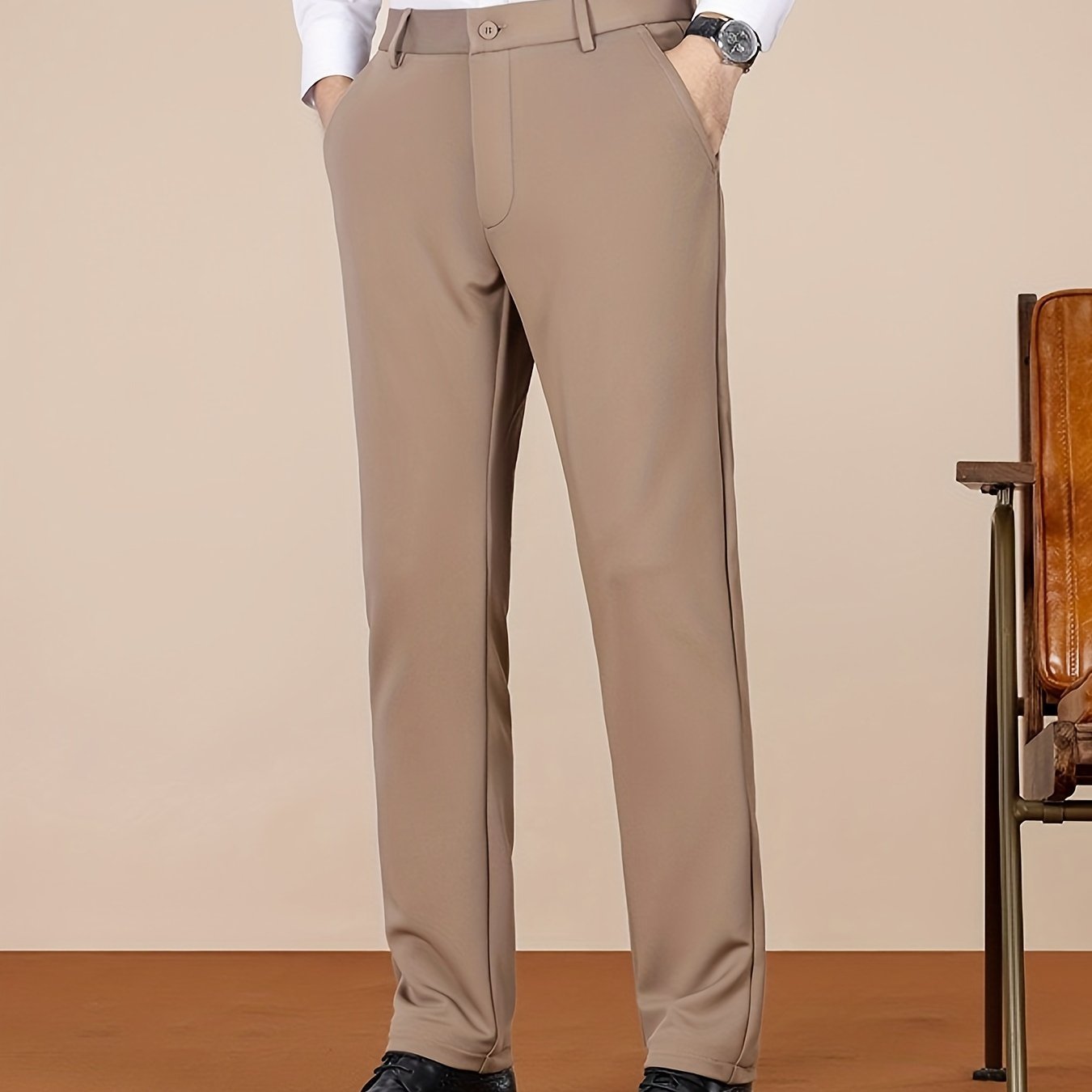Men's Casual Pants, Autumn Polyester Blend, Regular Fit, Solid Color, Button Detail, Slim Fit, Standard Length, Men's Fashion, Trousers for Men