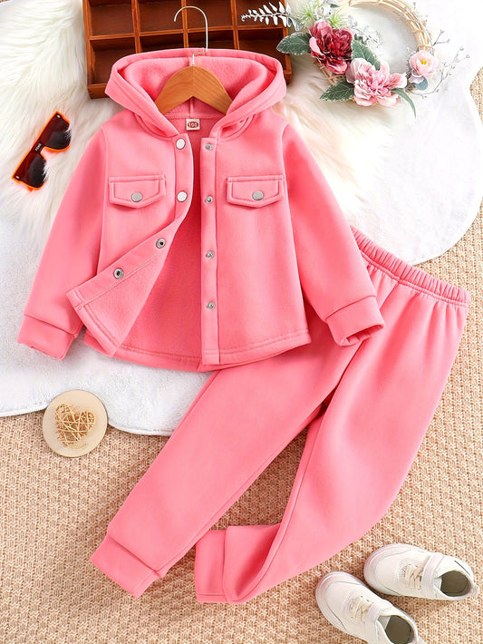 Girls' 2-piece Sets, Button Front Hooded Jacket + Jogger Pants, Autumn Clothes Party Outdoor Sports Outdoor