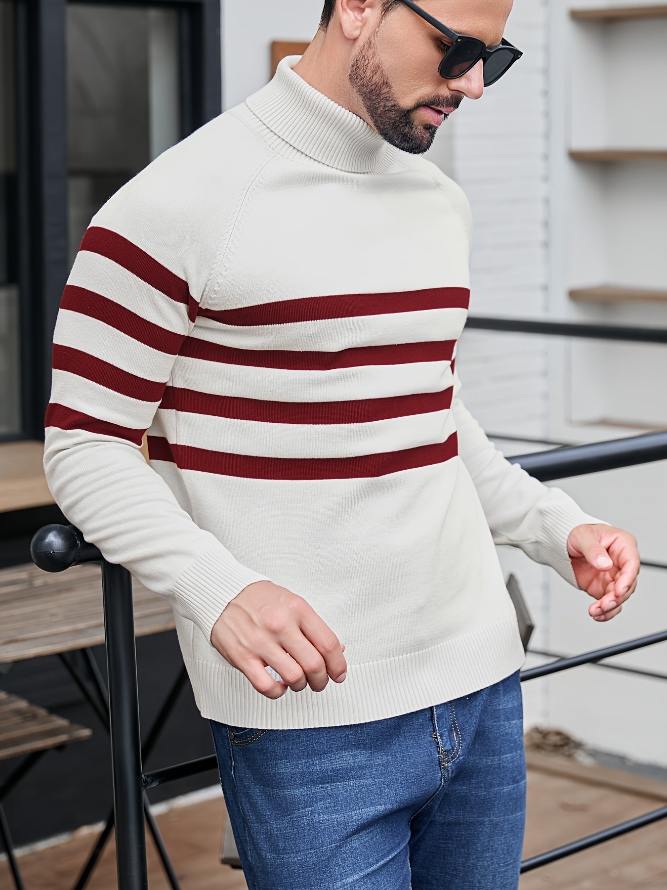 Men's High Neck Long Sleeve Striped Contrast Color Pullover Sweater - ayq