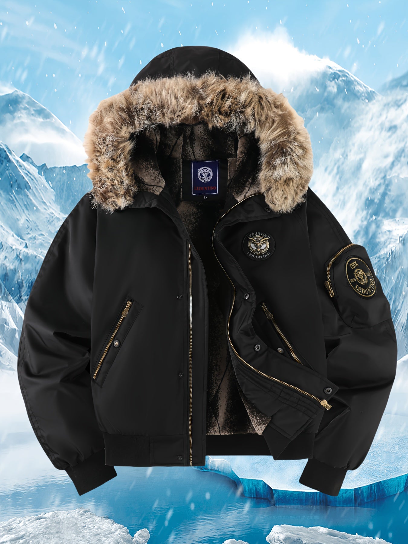 Տղամարդու ձմեռային վերարկու - նոր տաք, գլխարկով բաճկոն՝ ոսկեգույն նախշերով, ազատ չափսի, ցուրտ եղանակի համար նախատեսված ամենօրյա վերնազգեստ, լվացքի մեքենայով լվացվող, հաստ, հարմարավետ փափուկ աստառով