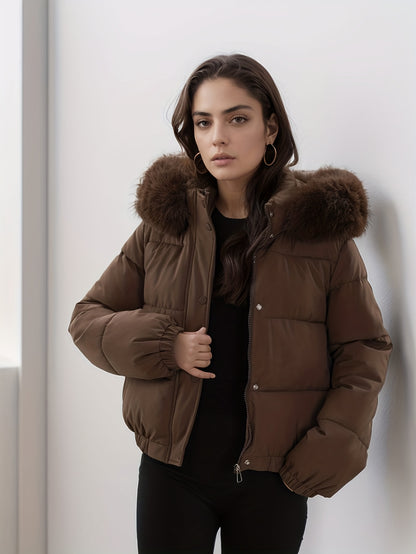 Women'S Winter Coat with Removable Faux Fur Hood - Thickened Loose Fit Long Sleeve Jacket, Zippered Pockets & Button Front, Casual Solid Color Outerwear for Cold Weather, Cozy Warmth, Buttoned Closure, Durable Fabric