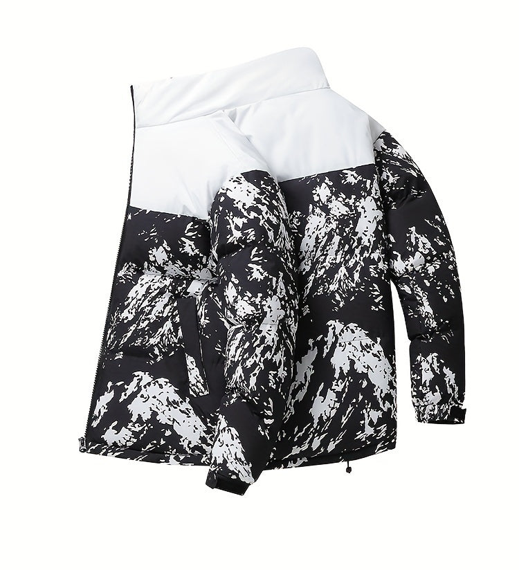 Men's Winter Jacket Windproof Coat with Stand Collar & Camo Marbled Pattern (Black/White/Grey) - Thickened Padded, Full-Zip Closure, for Skiing,, Outdoor Activities - Cold Weather Survival