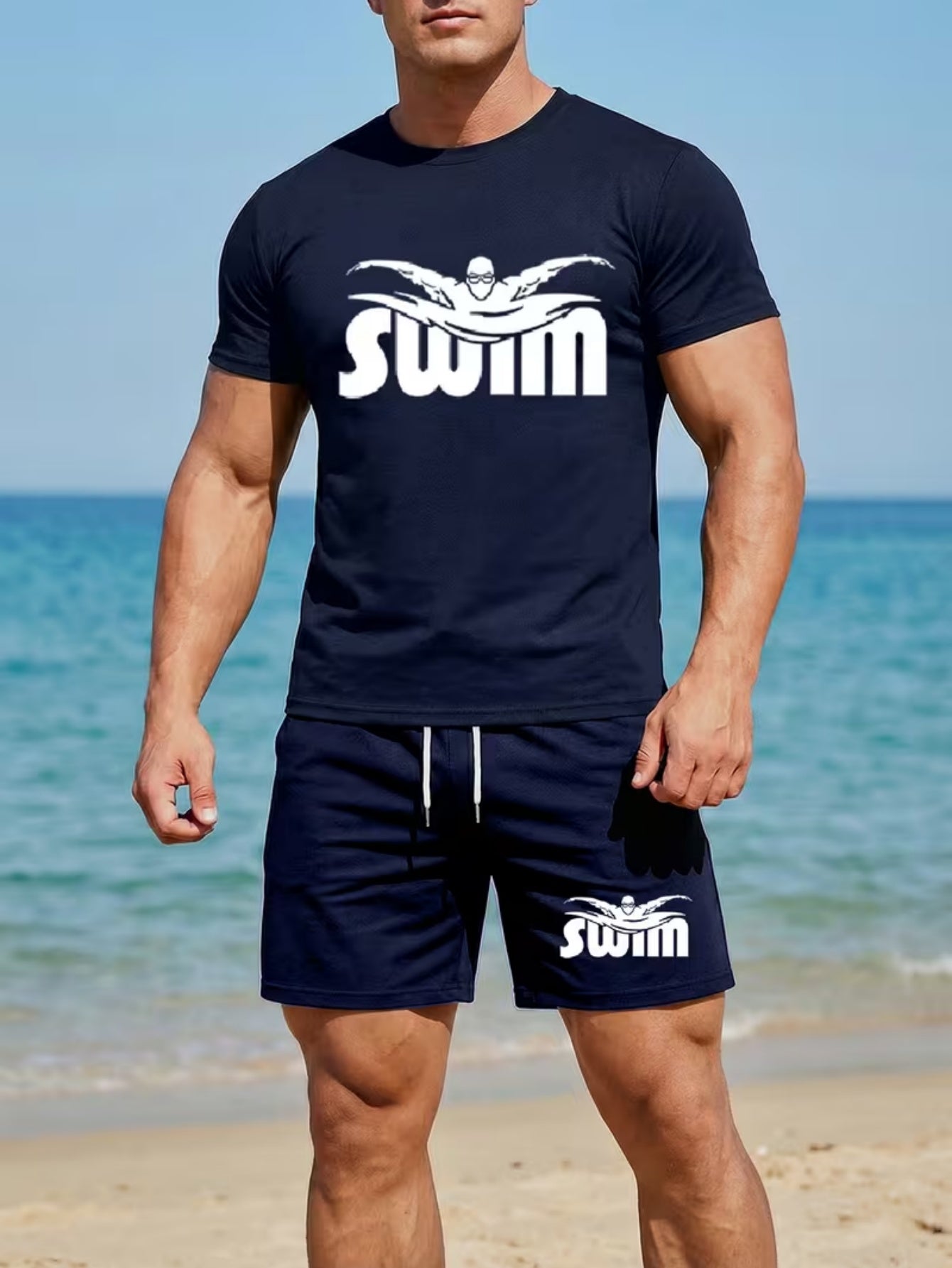 Men's Quick-Dry Printed Swim Set with T-Shirt & Boxer Shorts