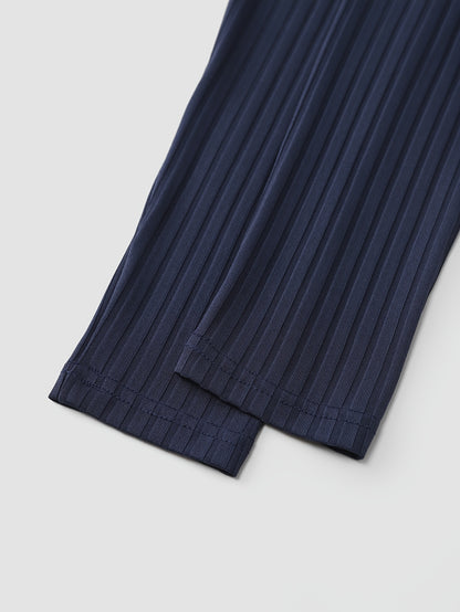 Elegant Navy Blue Ribbed Long Sleeve Top for Women - Chic V-Neck with Collar, Stretchy Polyester Blend, Machine Washable - Perfect for Spring & Autumn