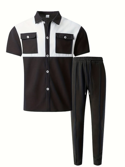 Men's Summer Two-Piece Set, Waffle Fabric Contrast Color with Pockets Short-Sleeved Shirt + Casual Trousers Suit, Leisure Light Business Vacation Daily Multiple Scenes