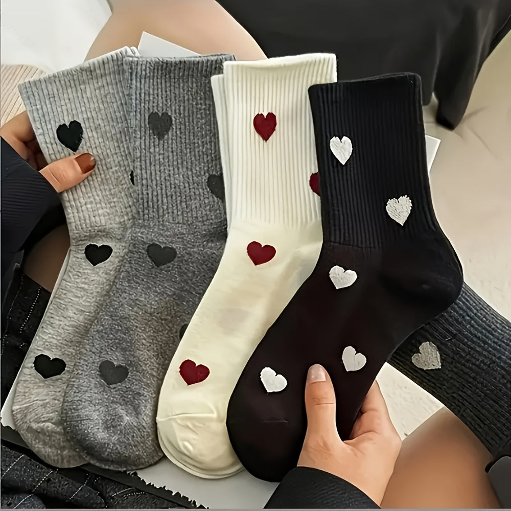 Women's 5 Pairs Mid-Calf Heart Pattern Socks, Soft Polyester