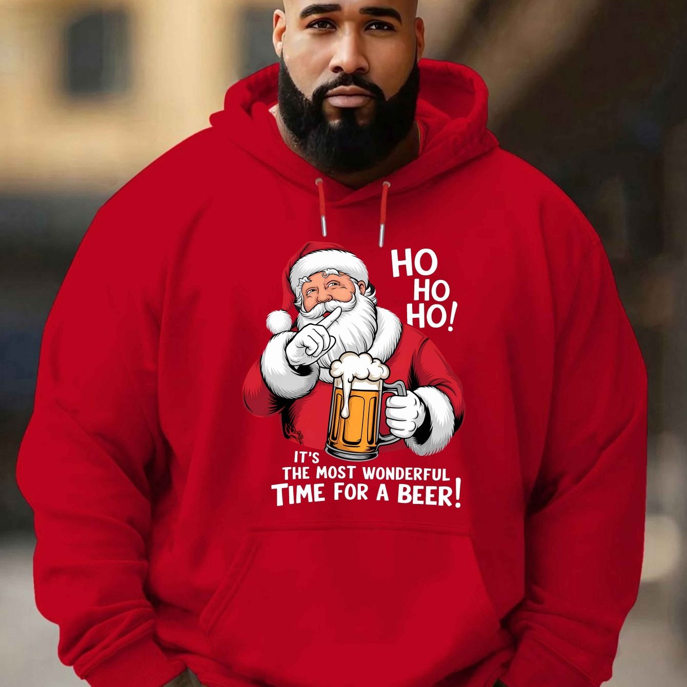 Men'S Red Hoodie with Santa Claus & Beer Mug Graphic - "Ho Ho Ho! It'S the Most Wonderful Time for a Beer!" - Cozy Plush Pullover for Fall & Winter, Casual Holiday Wear, Christmas Clothes, Plus Size