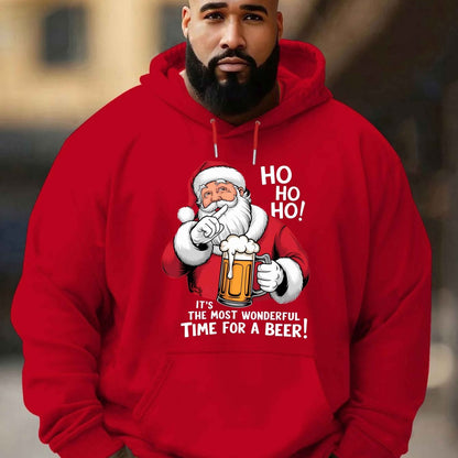 Men'S Red Hoodie with Santa Claus & Beer Mug Graphic - "Ho Ho Ho! It'S the Most Wonderful Time for a Beer!" - Cozy Plush Pullover for Fall & Winter, Casual Holiday Wear, Christmas Clothes, Plus Size