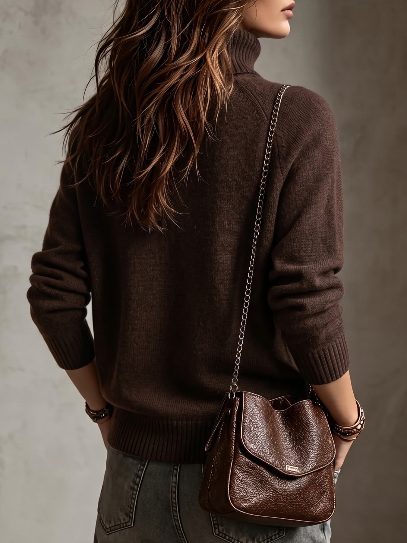 Women's Autumn Winter Wool Blend High-Neck Pullover Sweater