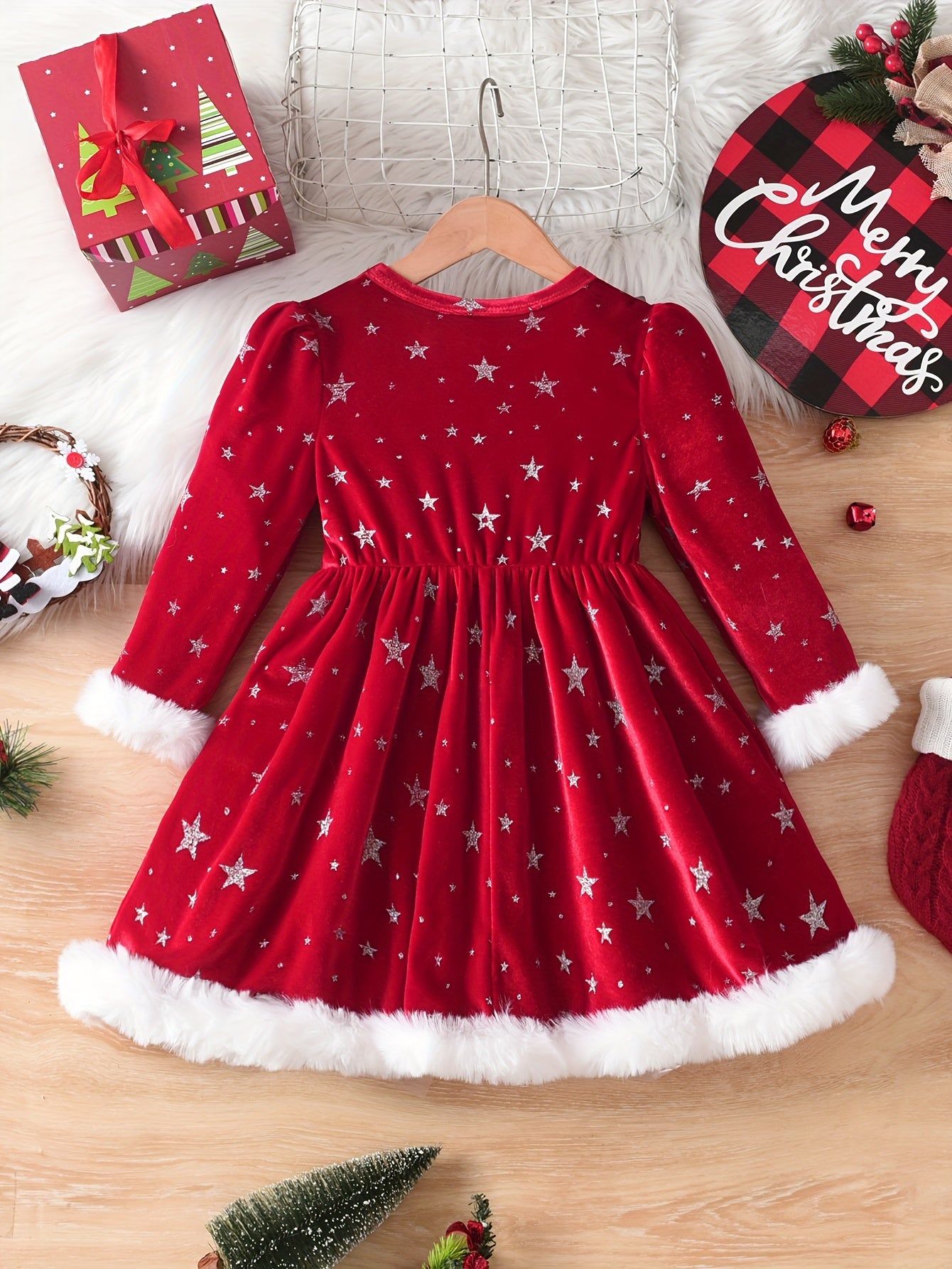 Girls' Christmas Party Dress - Red & Polka Dot A-Line Mid-Length Winter Dress with Puff Sleeves, Round Neck & Flared Skirt for Holiday Celebrations, Christmas Dresses For Girls, Festive Outfit, Playful Design