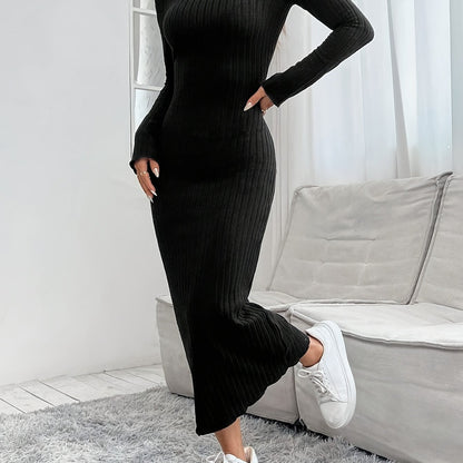 Women's Ribbed Crew Neck Long Sleeve Fitted Dress, Polyester 95% Spandex 5%, Solid Color Knit Fabric, Winter Season Adult Apparel, Ribbed Knit Dress