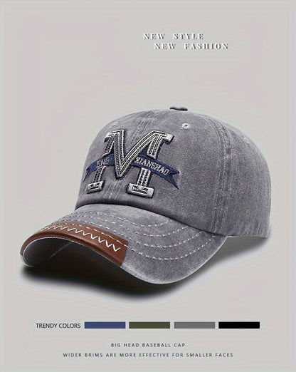 Spring And Autumn Retro Washed Denim Duckbill Cap, Fashionable Outdoor Sun Baseball Hat, With Old Letter M Embroidery, For Men Women