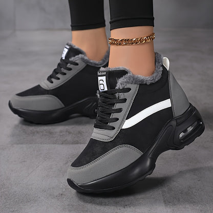SOSENFER Women'S Winter Sneakers with Plush Lining - Low-Top Lace-Up Casual Shoes, Synthetic Cover Upper & Faux Sole, Machine Washable, Black & White Design for Casual Attire, Ladies Sneakers, Comfortable Footwear, Durable Tr