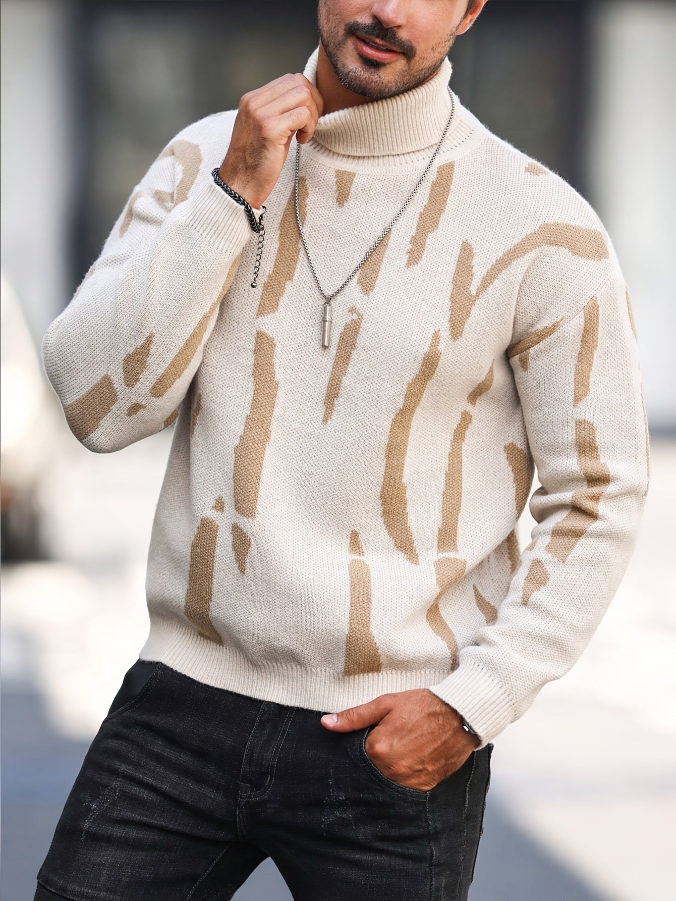 Men's Zebra Stripe Knit Sweater - High Neck Winter Pullover with Zebra Stripes, Warm Casual Sweaters for Weather, Hand Washable Fall/Winter Wardrobe Essential (Regular Fit)