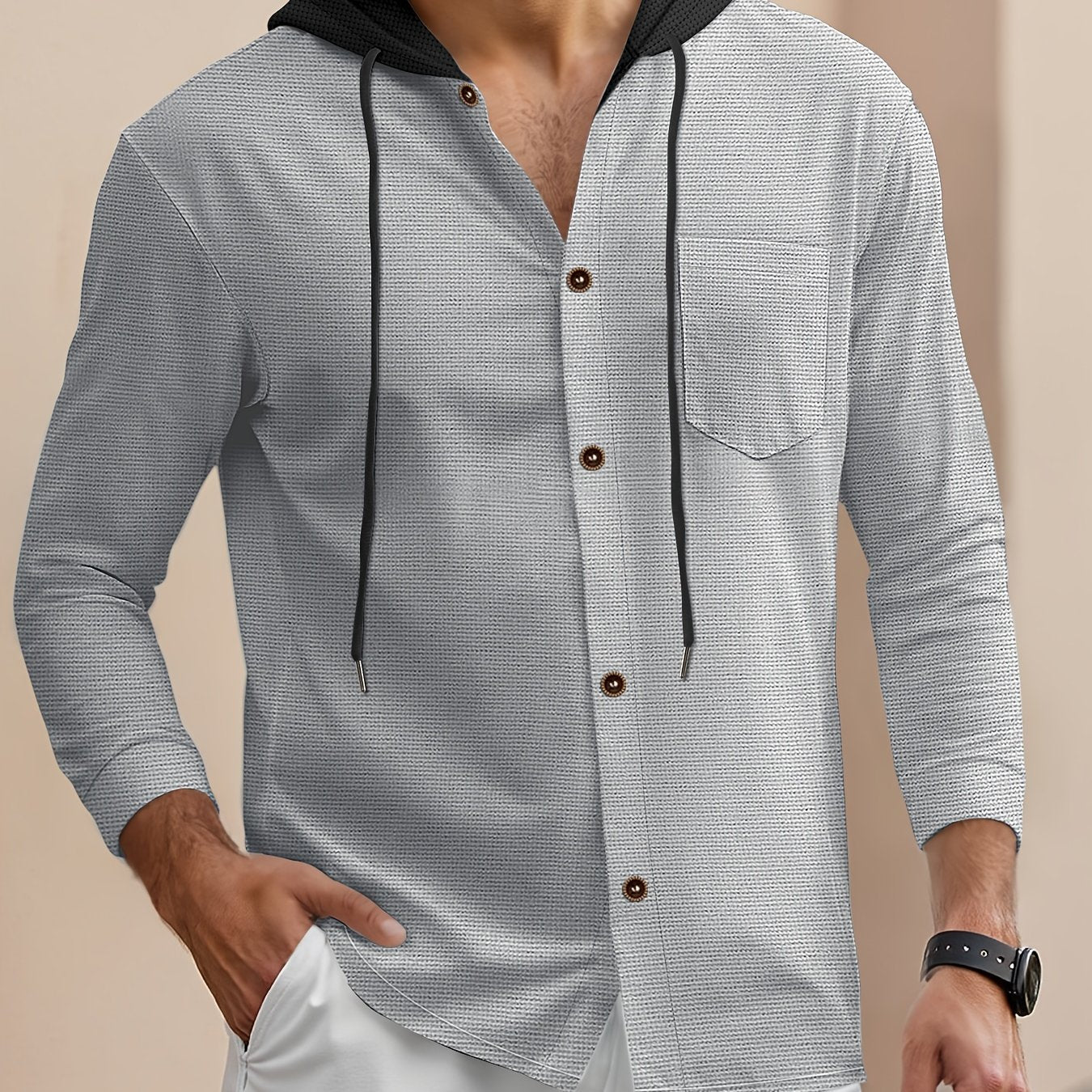 Men'S Lightweight Hooded Cardigan - Long Sleeve Sweater Jacket, Button-Front Closure, Light Grey Casual Outerwear for Office, Casual Attire - Breathable Fall/Spring Layering Essential, Sweater Cardigan, Waffle Texture, Durabl