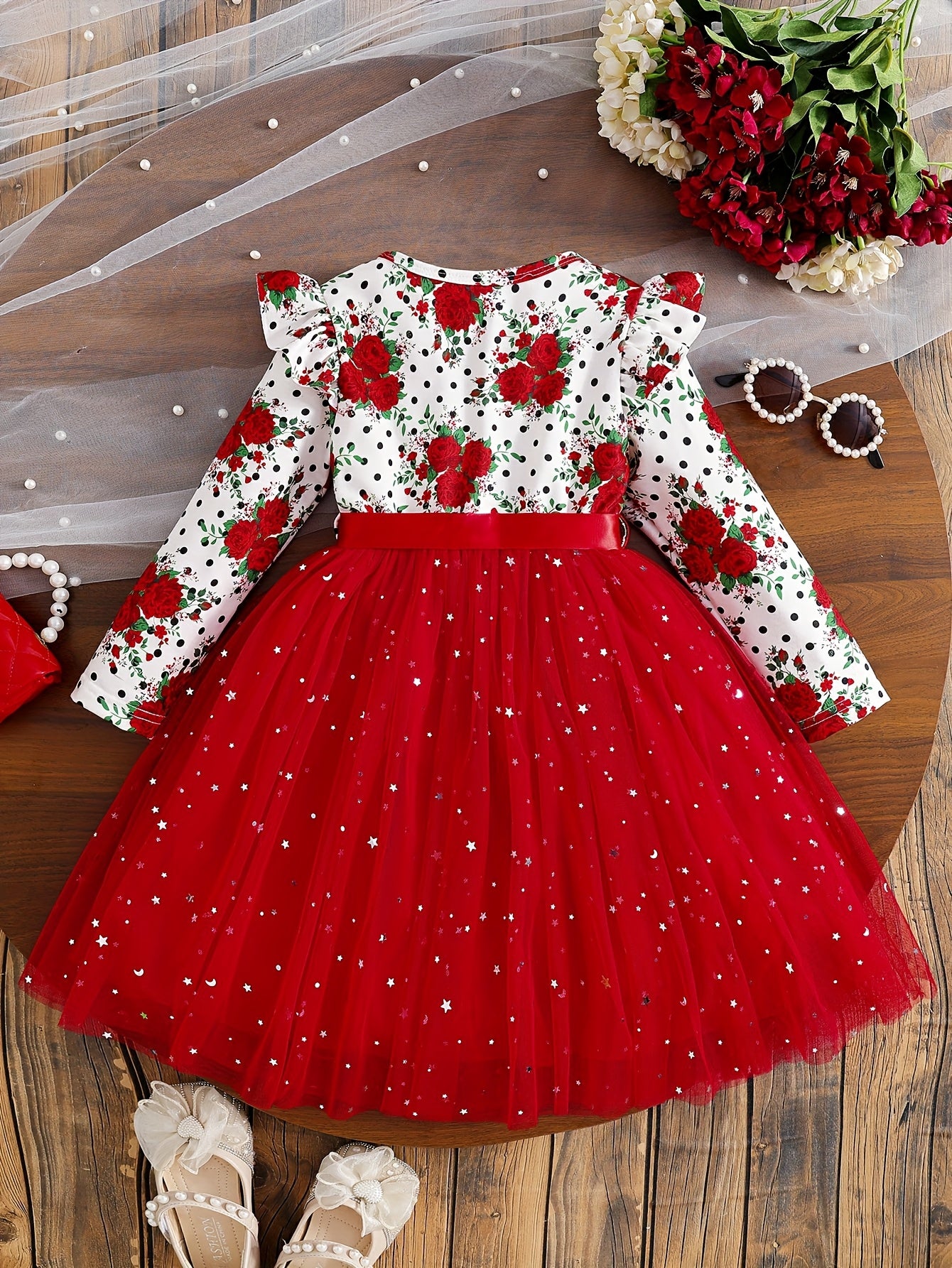 COVIVIKY Girls' Elegant Long Sleeve Party Dress with Puff Skirt & Sheer Panel - Knee-Length A-Line Wedding Prom Dress, Belted Waist Bow & Netting Trim, Hand Washable Winter Formal Gown for Girls (Age 4-12)