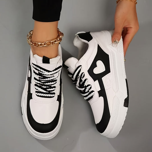 Women's Fashionable Black & White Heart-Patterned Sneakers - Thick Sole, Lace-Up Casual Shoes with Non-Slip Rubber Sole for All Seasons