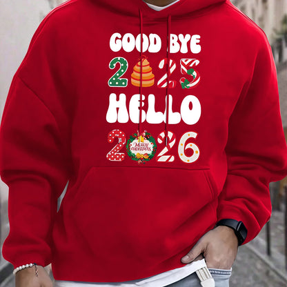 Men'S Casual Hooded Sweatshirt with "Goodbye 2025 Hello 51.46meter Print - Pullover with Colorful Lettering, Regular Fit, Winter Warmth, Casual Wear Hoodie|Casual Style Hoodie|Comfortable Fit Hoodie