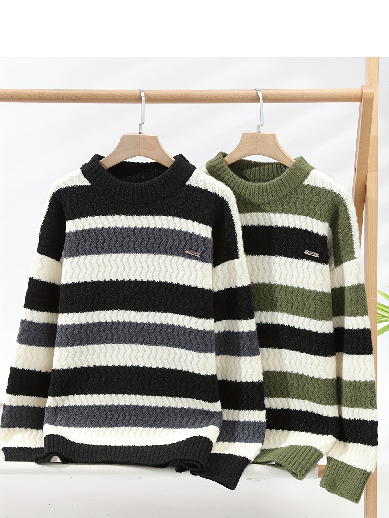 Տղամարդու հաստ տաք սվիտեր - երկար թևքերով, կլոր վզով, ուղղահայաց շերտերով, կանաչ գույնով / - հարմարավետ աշուն/ձմեռ սվիտեր ամենօրյա և պաշտոնական հանդերձանքի համար, տրիկոտաժ, ձմեռային հագուստ, դասական տրիկոտաժ, կողավոր հյուսվածք, ամենօրյա հագուստ, ոճավորում