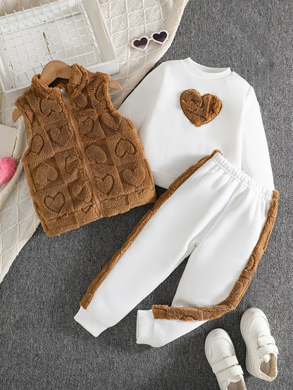 Girls 3-Piece Heart Pattern Fall/Winter Casual Set - ayq