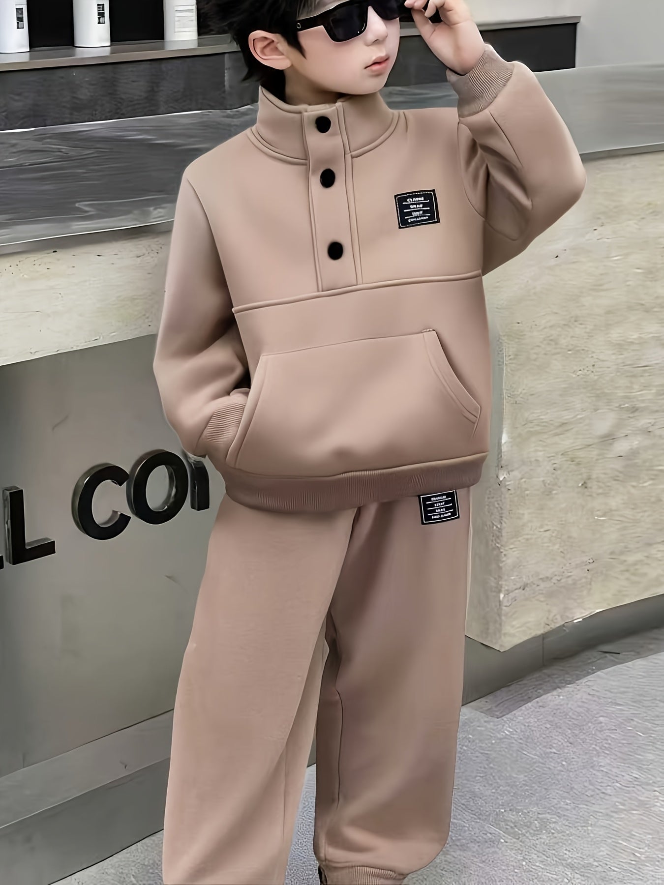 Boys' Cozy Fleece-Lined Hoodie & Sweatpants Set - Olive Green Casual Winter Outfit with Pockets, Thick Warmth for Fall & Winter, Regular Fit, Casual Attire, for Outdoor