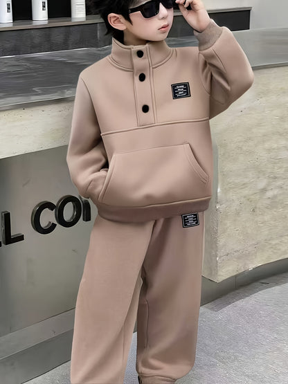 Boys' Cozy Fleece-Lined Hoodie & Sweatpants Set - Olive Green Casual Winter Outfit with Pockets, Thick Warmth for Fall & Winter, Regular Fit, Casual Attire, for Outdoor