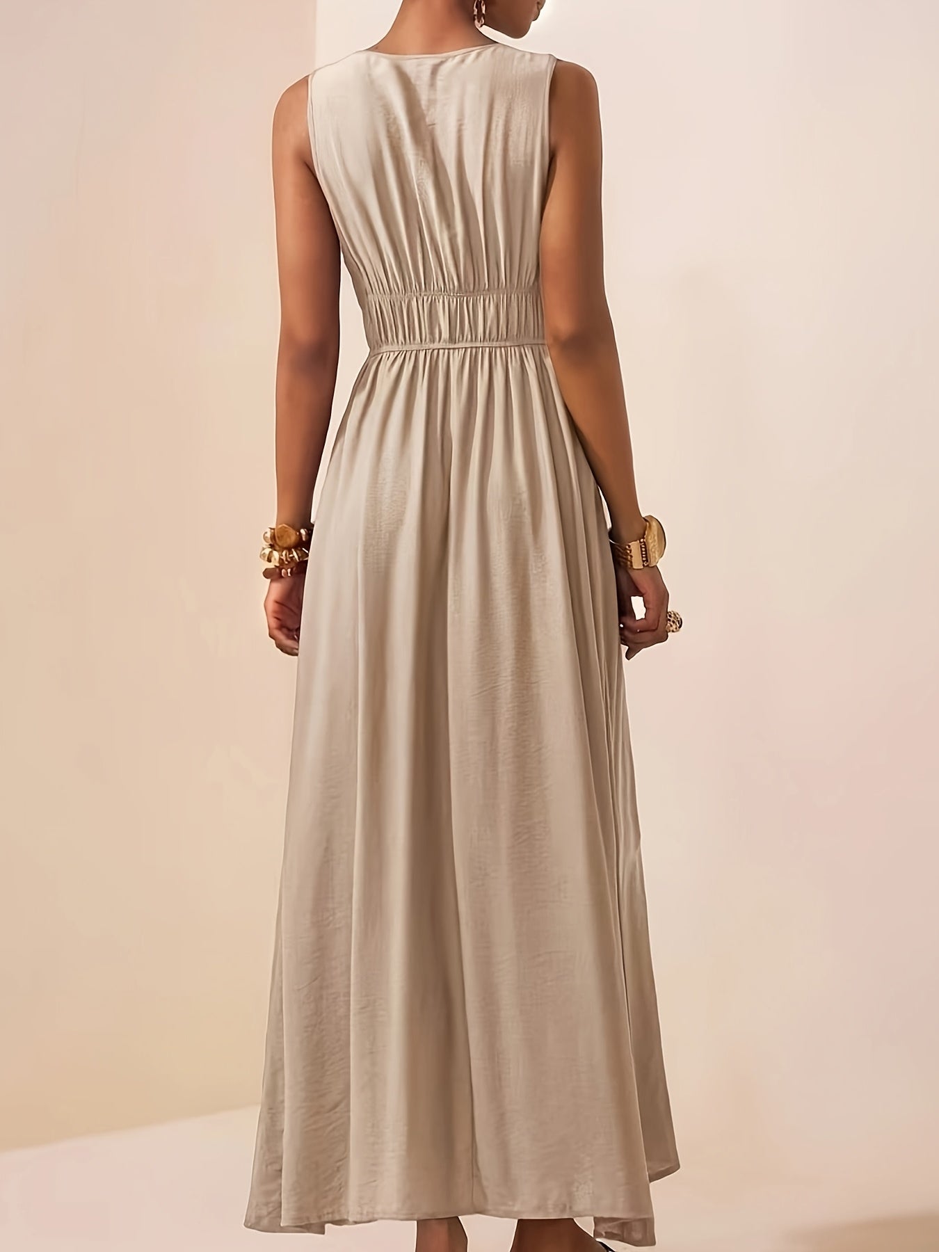 Elegant Summer V-Neck Beaded Sleeveless Waist-Cinching Dress