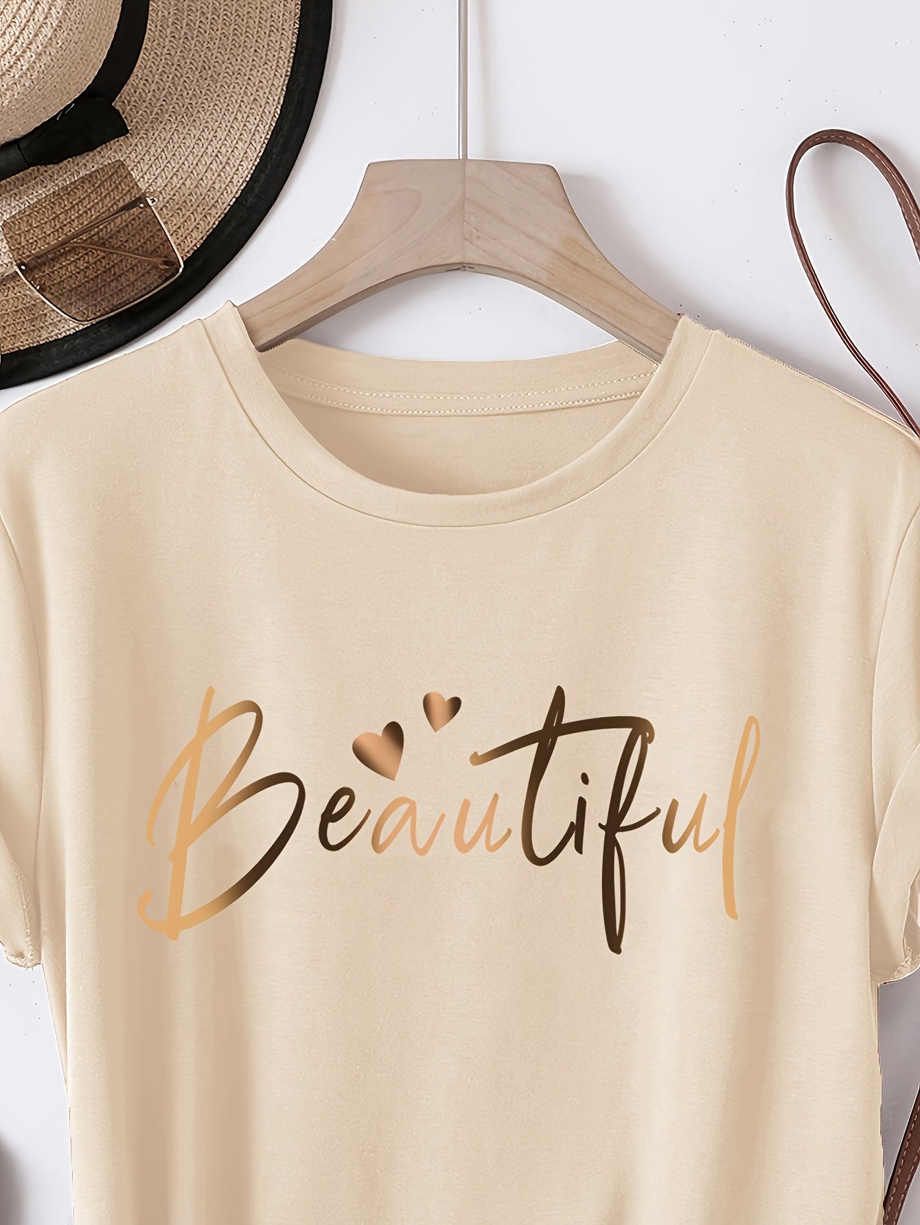 Women's Casual Letter Print T-Shirt - Soft Polyester, Short Sleeve Crew Neck Top for All Seasons, Round Neck, Sports Shirt
