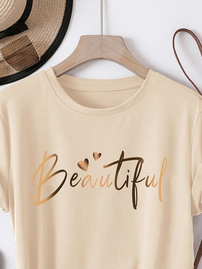 Women's Casual Letter Print T-Shirt - Soft Polyester, Short Sleeve Crew Neck Top for All Seasons, Round Neck, Sports Shirt