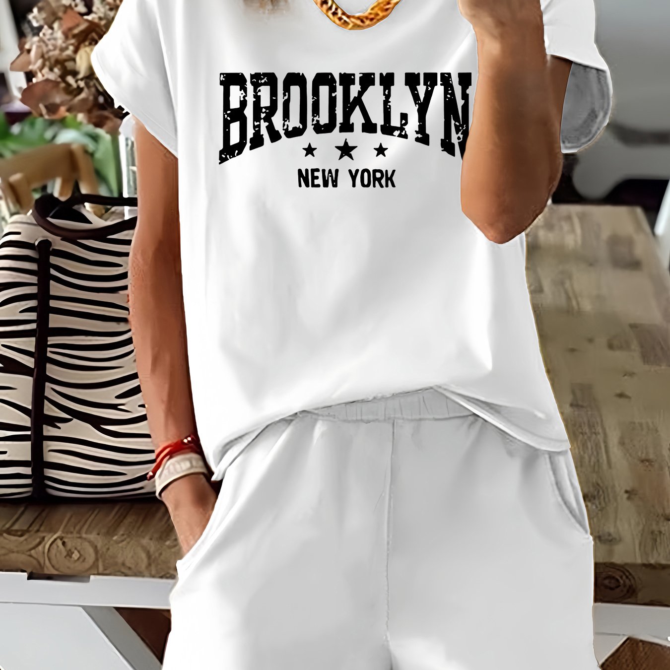 Brooklyn Letter Print Casual T-shirts &amp; Shorts հավաքածու կանանց համար՝ ձգվող պոլիեսթեր խառնուրդ, լվացվող մեքենայում