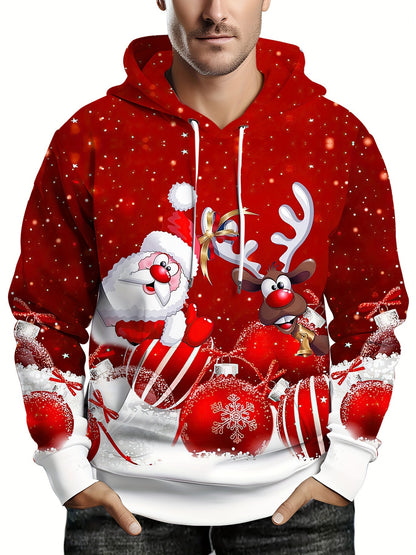 Men's 3D Santa & Rudolph Christmas Hooded Sweatshirt - Red/Green Festive Pullover Hoodie with Reindeer Antlers, Soft Polyester Knit Sweater for Holiday Parties, Winter Outfits & Casual Wear (Machine Washable), PLUS SIZE